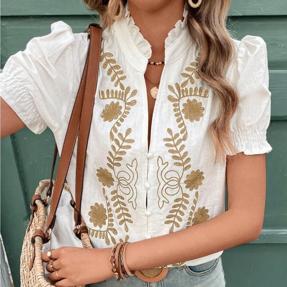 ❤️Hello Gorgeous! Embroidered Frill Notched Short Sleeve Blouse - Beige Cotton - Picture 2 of 6